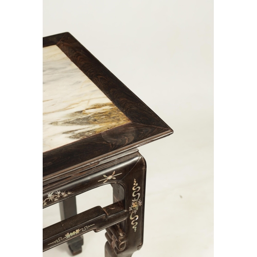 265 - A 19TH CENTURY CHINESE HARDWOOD ALTAR TABLE with inset marble top above an openwork base raised on s... 