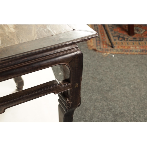 265 - A 19TH CENTURY CHINESE HARDWOOD ALTAR TABLE with inset marble top above an openwork base raised on s... 