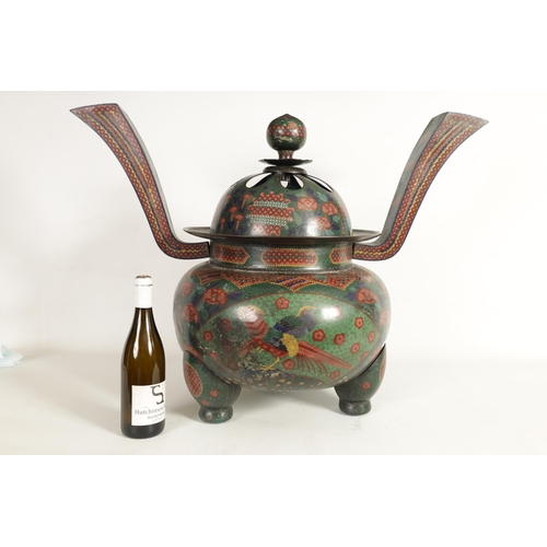 272 - AN OVERSIZED 19TH CENTURY CHINESE CLOISONNE KORO raised on three bulbous legs fitted a domed cover w... 