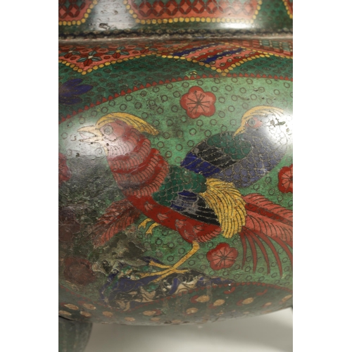 272 - AN OVERSIZED 19TH CENTURY CHINESE CLOISONNE KORO raised on three bulbous legs fitted a domed cover w... 