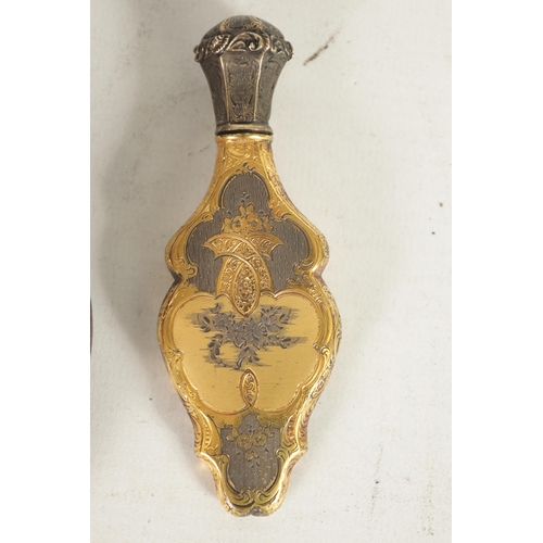 275 - A FINE 19TH CENTURY FRENCH CASED SILVER AND SILVER GILT PERFUME BOTTLE AND STOPPER of shaped flatten... 