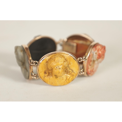 280 - A 19TH CENTURY GRAND TOUR SPECIMEN MARBLE AND 9CT GOLD BRACELET with relief carved oval busts of god... 