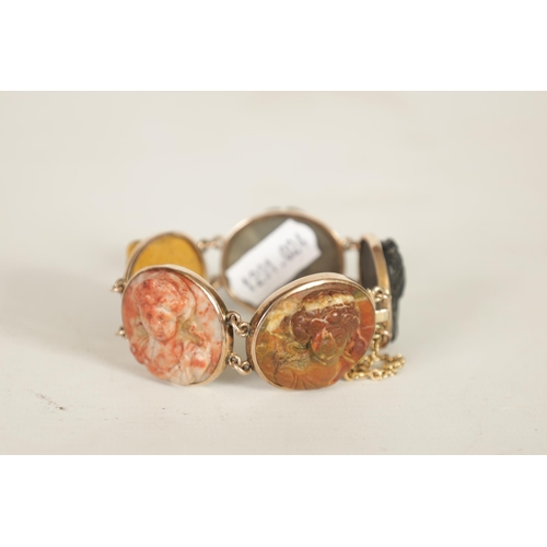 280 - A 19TH CENTURY GRAND TOUR SPECIMEN MARBLE AND 9CT GOLD BRACELET with relief carved oval busts of god... 