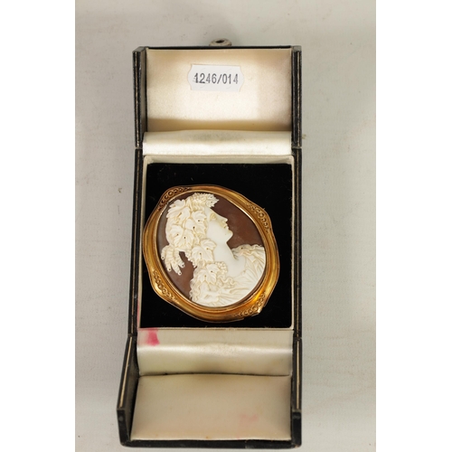 282 - A FINE 19TH CENTURY CARVED CAMEO BUST PORTRAIT BROOCH depicting the head and shoulders of a young la... 