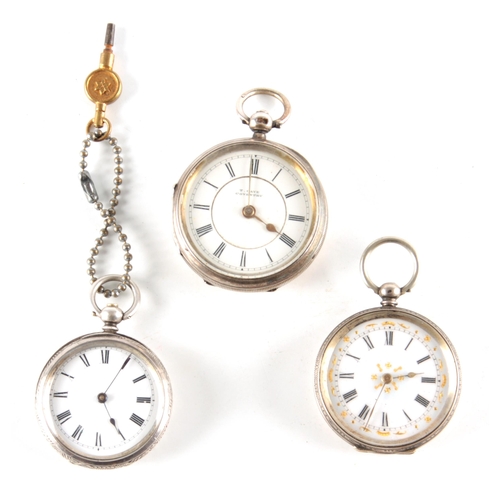 286 - A COLLECTION OF THREE SILVER OPEN FACE FOB WATCHES one signed T. Cave, Coventry.