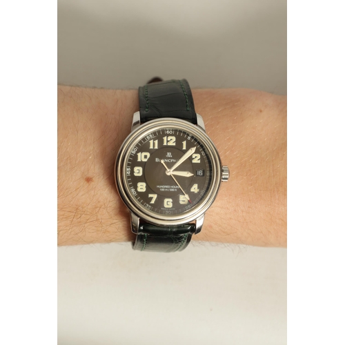 289 - BLANCPAIN. A GENTLEMAN’S STAINLESS STEEL AUTOMATIC WRISTWATCH On green alligator strap. The slender ... 