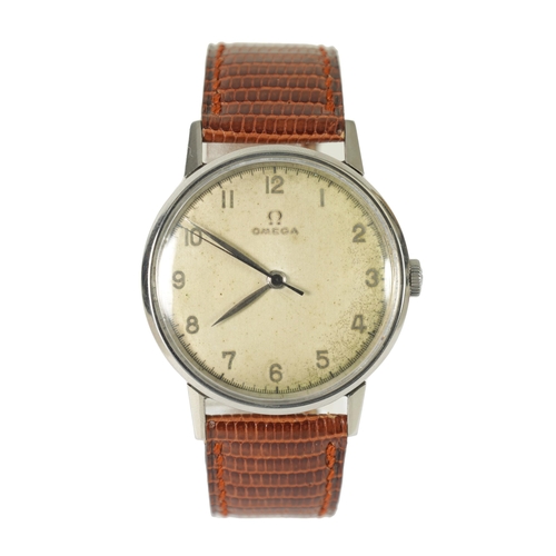 294 - A GENTLEMAN’S VINTAGE STEAL JUMBO OMEGA WRISTWATCH on snakeskin strap with Omega buckle, the silvere... 