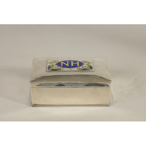 296 - A STYLISH ARTS AND CRAFTS SILVER AND ENAMEL RECTANGULAR BOX the plain body with fine gadroon-edged c... 