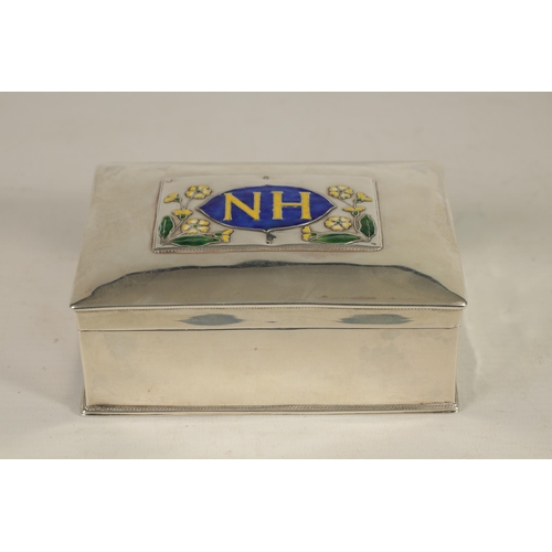 296 - A STYLISH ARTS AND CRAFTS SILVER AND ENAMEL RECTANGULAR BOX the plain body with fine gadroon-edged c... 