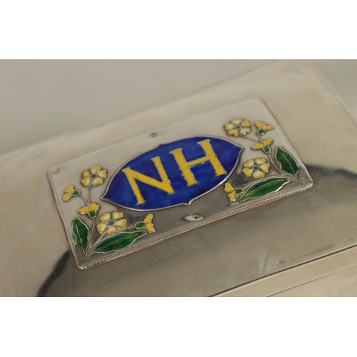 296 - A STYLISH ARTS AND CRAFTS SILVER AND ENAMEL RECTANGULAR BOX the plain body with fine gadroon-edged c... 