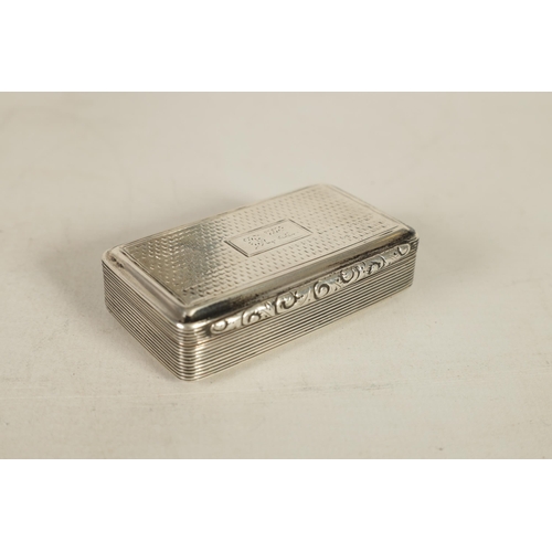 310 - A MID 19TH CENTURY SILVER AND SILVER GILT SNUFF BOX of rectangular form with reeded body and engine-... 