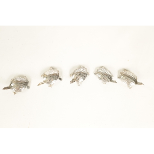 325 - A SET OF FIVE EARLY 20TH CENTURY NOVELTY SILVER PLACE MARKERS modelled as terrapins with red jewelle... 