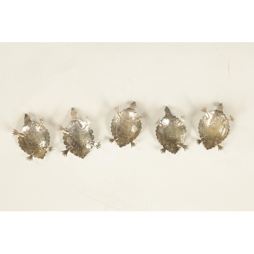 325 - A SET OF FIVE EARLY 20TH CENTURY NOVELTY SILVER PLACE MARKERS modelled as terrapins with red jewelle... 