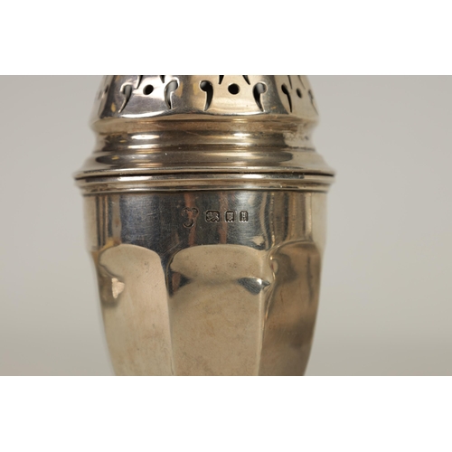 331 - A GEORGE VI SILVER SUGAR CASTER OF ART DECO DESIGN of plain tapering footed form with ribbed upper b... 