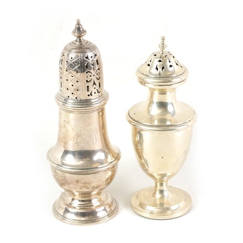 335 - A LARGE 20TH CENTURY SILVER SUGAR SHAKER of plain pedestal baluster form with pierced panelled cover... 