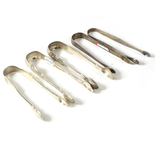 337 - A COLLECTION OF FIVE PAIRS OF GEORGIAN AND VICTORIAN SILVER SUGAR TONGS of varying designs and dates... 