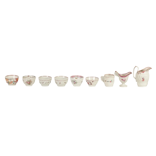 34 - A GROUP OF 18TH CENTURY NEWHALL AND SIMILAR PORCELAIN TEA WARES comprising two creamers, six tea bow... 