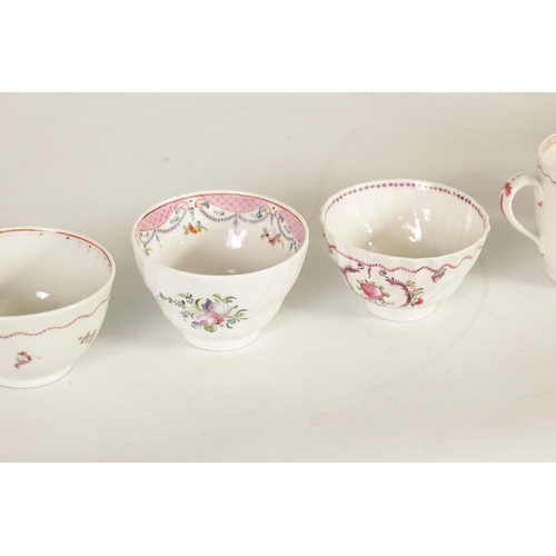 34 - A GROUP OF 18TH CENTURY NEWHALL AND SIMILAR PORCELAIN TEA WARES comprising two creamers, six tea bow... 