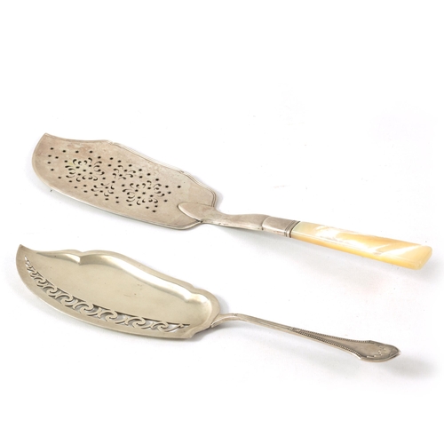 349 - A DUTCH SILVER FISH SLICE AND ANOTHER with shaped dished and pierced scrollwork blade on a bead-edge... 