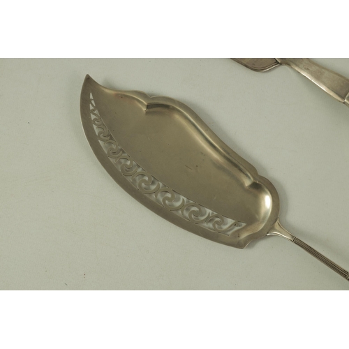 349 - A DUTCH SILVER FISH SLICE AND ANOTHER with shaped dished and pierced scrollwork blade on a bead-edge... 