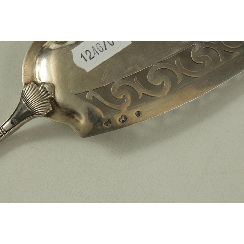 349 - A DUTCH SILVER FISH SLICE AND ANOTHER with shaped dished and pierced scrollwork blade on a bead-edge... 