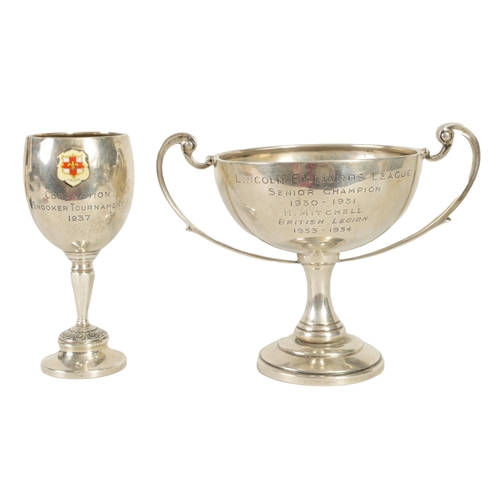 356 - A GEORGE V SILVER PRESENTATION TROPHY CUP & A SIMILAR SMALL SILVER CUP the larger of two handled ped... 