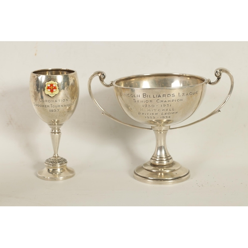 356 - A GEORGE V SILVER PRESENTATION TROPHY CUP & A SIMILAR SMALL SILVER CUP the larger of two handled ped... 