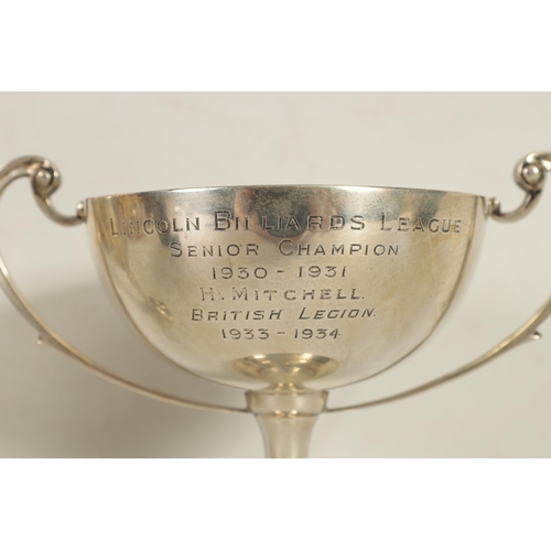 356 - A GEORGE V SILVER PRESENTATION TROPHY CUP & A SIMILAR SMALL SILVER CUP the larger of two handled ped... 