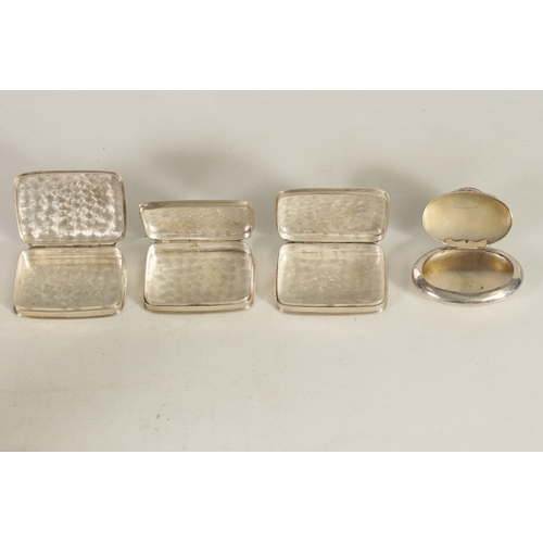 357 - A COLLECTION OF THREE .925 HALLMARKED CONTINENTAL SILVER SNUFF BOXES AND ANOTHER of plain rectangula... 