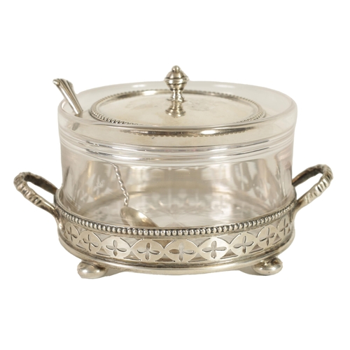 358 - A LATE VICTORIAN SILVER AND CUT GLASS PRESERVE JAR, COVER AND STAND the plain body with star work ba... 