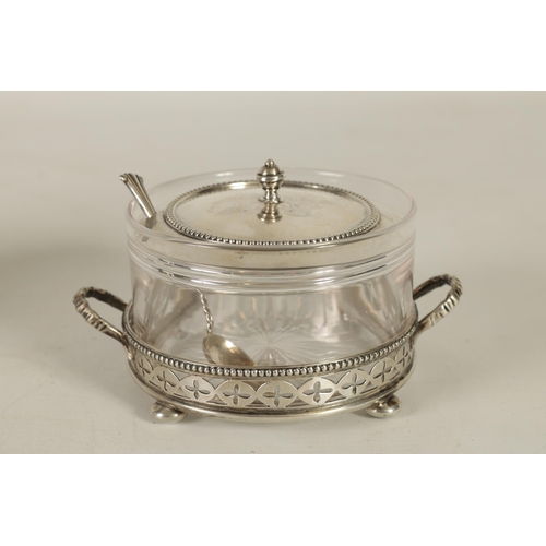 358 - A LATE VICTORIAN SILVER AND CUT GLASS PRESERVE JAR, COVER AND STAND the plain body with star work ba... 