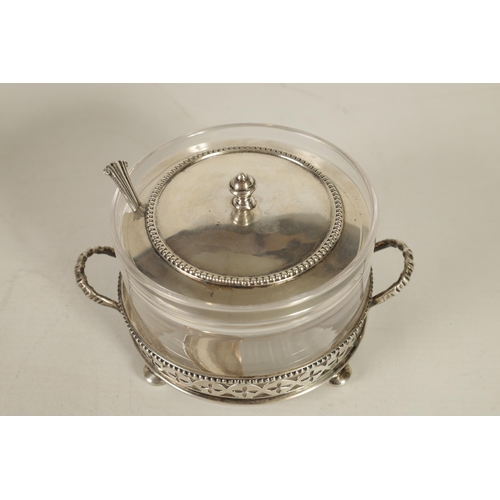 358 - A LATE VICTORIAN SILVER AND CUT GLASS PRESERVE JAR, COVER AND STAND the plain body with star work ba... 