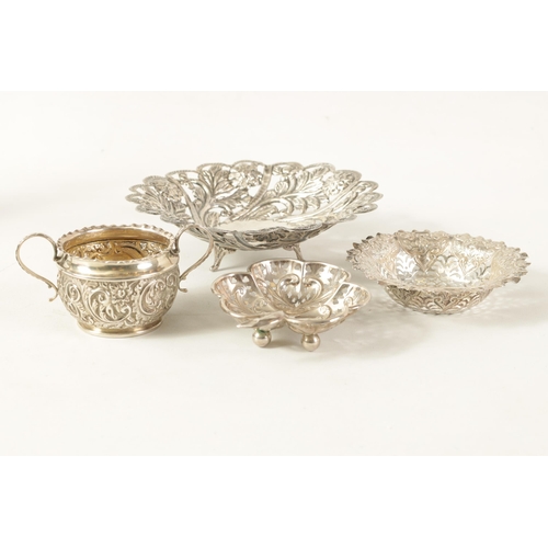 359 - A COLLECTION OF FOUR SILVER ITEMS including A scroll and leafwork embossed TWO-HANDLED SILVER BOWL, ... 