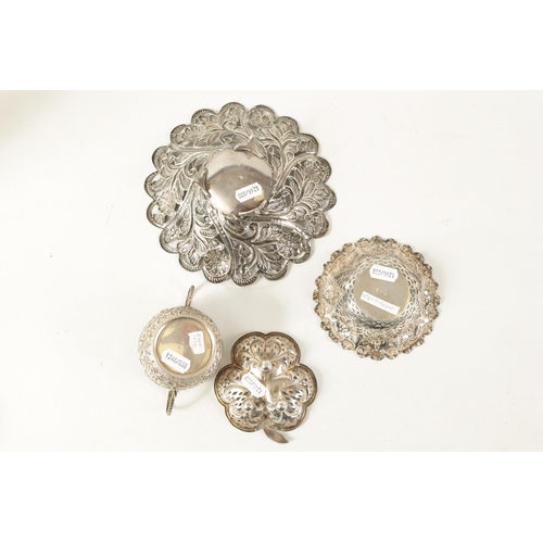 359 - A COLLECTION OF FOUR SILVER ITEMS including A scroll and leafwork embossed TWO-HANDLED SILVER BOWL, ... 