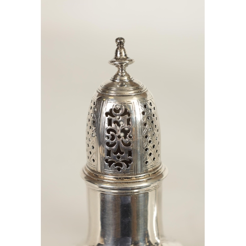 362 - A GEORGE II SILVER SUGAR CASTER AND PAIR OF LATER SILVER PEPPERETTES The Sugar of plain ribbed balus... 