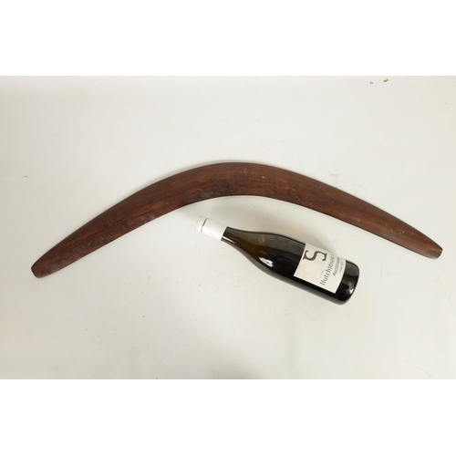 369 - AN UNUSUALLY LARGE 19TH CENTURY ABORIGINAL BOOMERANG in figured hardwood with a slightly bowed surfa... 