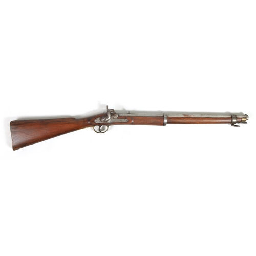 371 - A 19TH CENTURY PERCUSSION SERVICE CARBINE with sighted barrel, the full stock with steel stirrup ram... 