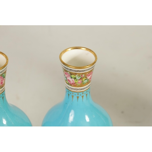 38 - A PAIR OF 19TH CENTURY MINTON AESTHETIC MOVEMENT GILT AND TURQUOISE VASES the bulbous bodies with pi... 