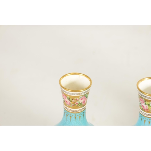 38 - A PAIR OF 19TH CENTURY MINTON AESTHETIC MOVEMENT GILT AND TURQUOISE VASES the bulbous bodies with pi... 