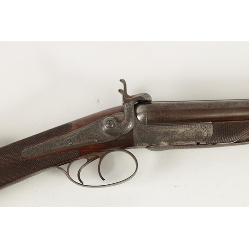 387 - A 19TH CENTURY WIGGAN AND ELLIOTT PIN FIRE DOUBLE BARREL SHOTGUN having twist browned barrels signed... 