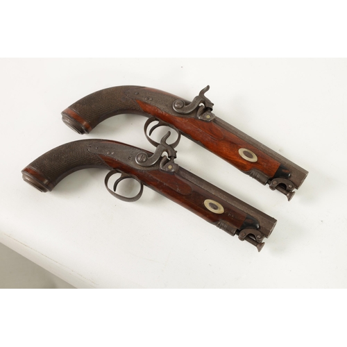 391 - A CASED PAIR OF EARLY 19TH CENTURY PERCUSSION PISTOLS BY MOORE, LONDON. with octagonal sighted barre... 