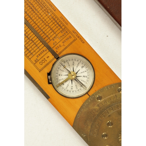 408 - A CASED BOXWOOD AND BRASS INCLINOMETER LEVEL BY STANLEY, LONDON with calibrated brass hinge and sigh... 