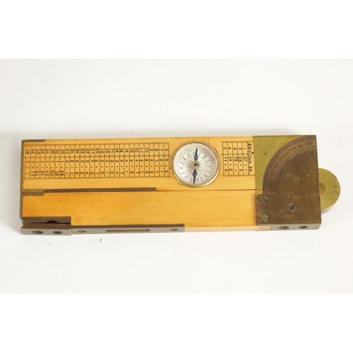 423 - A LEATHER CASED BOXWOOD AND BRASS INCLINOMETER LEVEL with calibrated brass hinge and sights having i... 