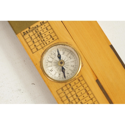 423 - A LEATHER CASED BOXWOOD AND BRASS INCLINOMETER LEVEL with calibrated brass hinge and sights having i... 