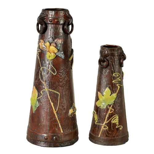 43 - TWO LATE 19TH CENTURY BRETBY SIMULATED WOOD TAPERING VASES WITH DRAGONFLIES of coopered design with ... 