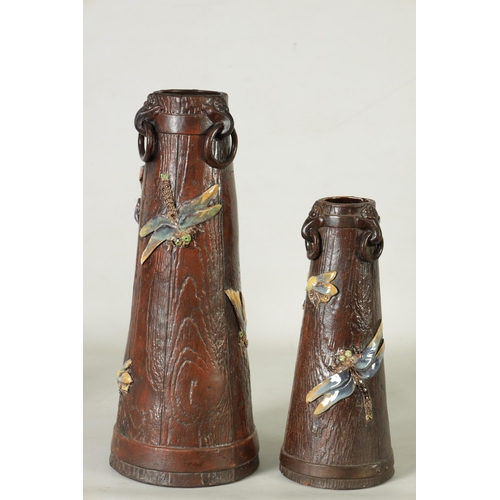 43 - TWO LATE 19TH CENTURY BRETBY SIMULATED WOOD TAPERING VASES WITH DRAGONFLIES of coopered design with ... 