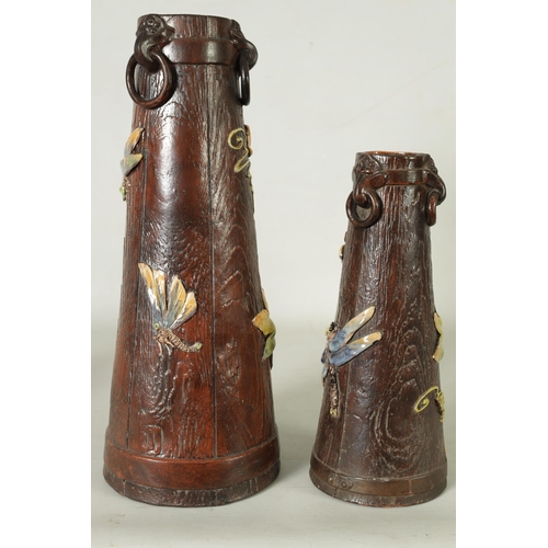 43 - TWO LATE 19TH CENTURY BRETBY SIMULATED WOOD TAPERING VASES WITH DRAGONFLIES of coopered design with ... 