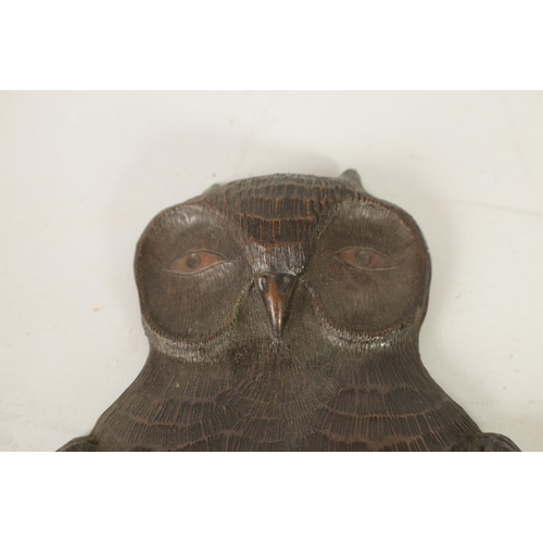 442 - A PAIR OF ARTS AND CRAFTS COPPER WALL LIGHTS FORMED AS OWLS finely detailed with scrolled leaf mould... 