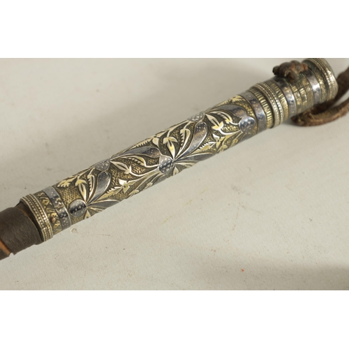 450 - AN EARLY 19TH CENTURY CAUCASIAN SILVER NIELLO AND LEATHER-BOUND FOLDING RIDING CROP the mounts with ... 