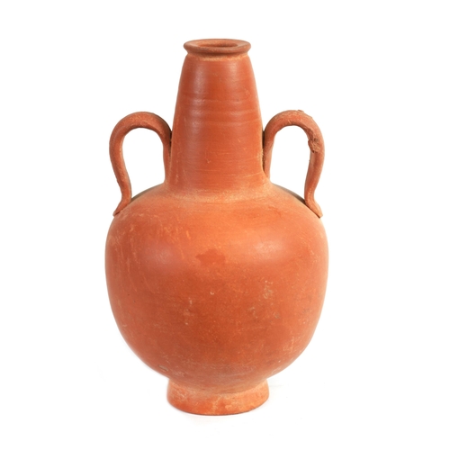 50 - A ROMAN TWO HANDLED TERRACOTTA VASE of shouldered form with tapering neck (20cm high)